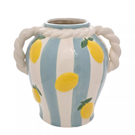 Blue Striped Lemon Vase With Rope Handles