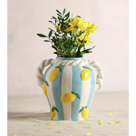 Blue Striped Lemon Vase With Rope Handles