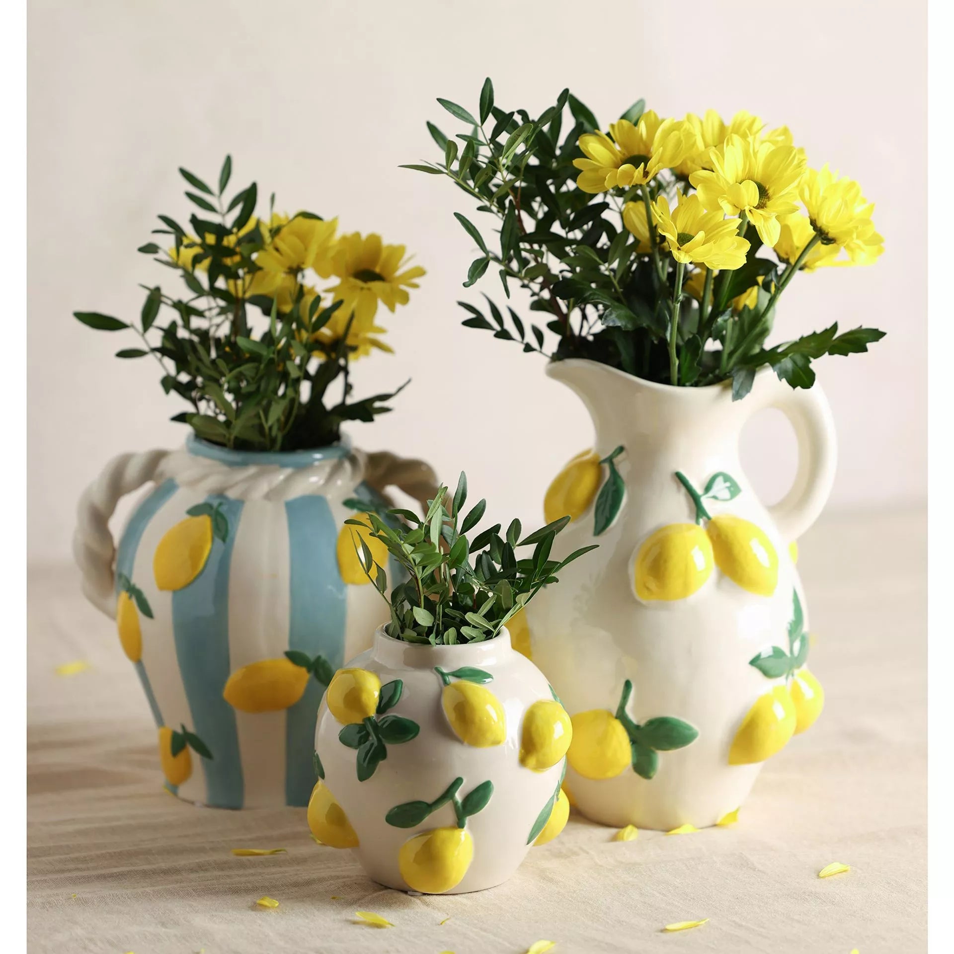 Blue Striped Lemon Vase With Rope Handles