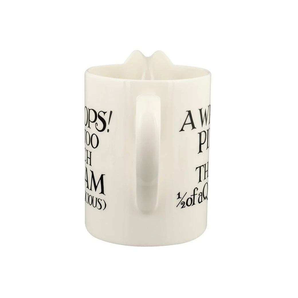 White mug with black text on a white background
