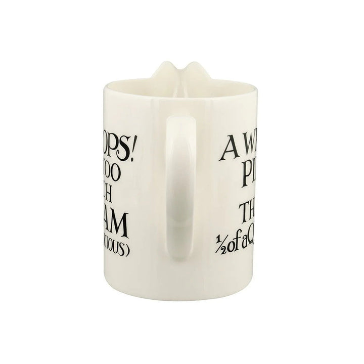 White mug with black text on a white background