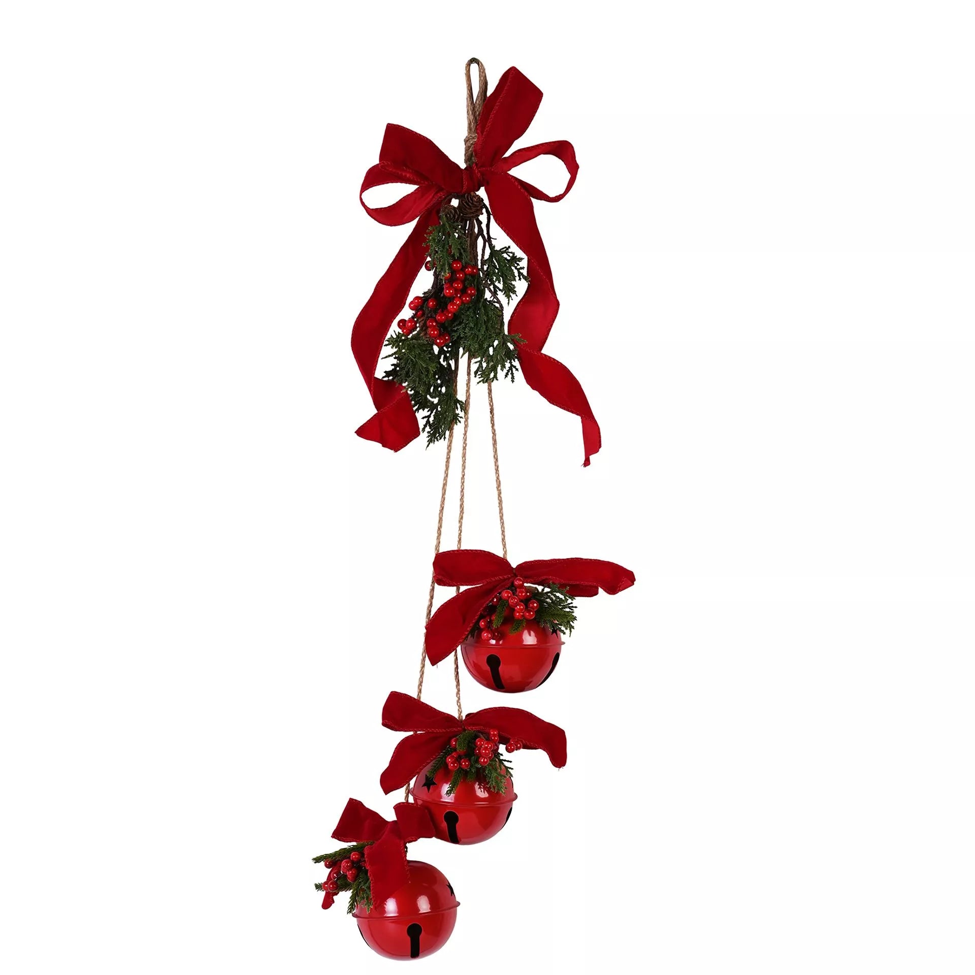 Red Bells with Bow & Faux Foliage