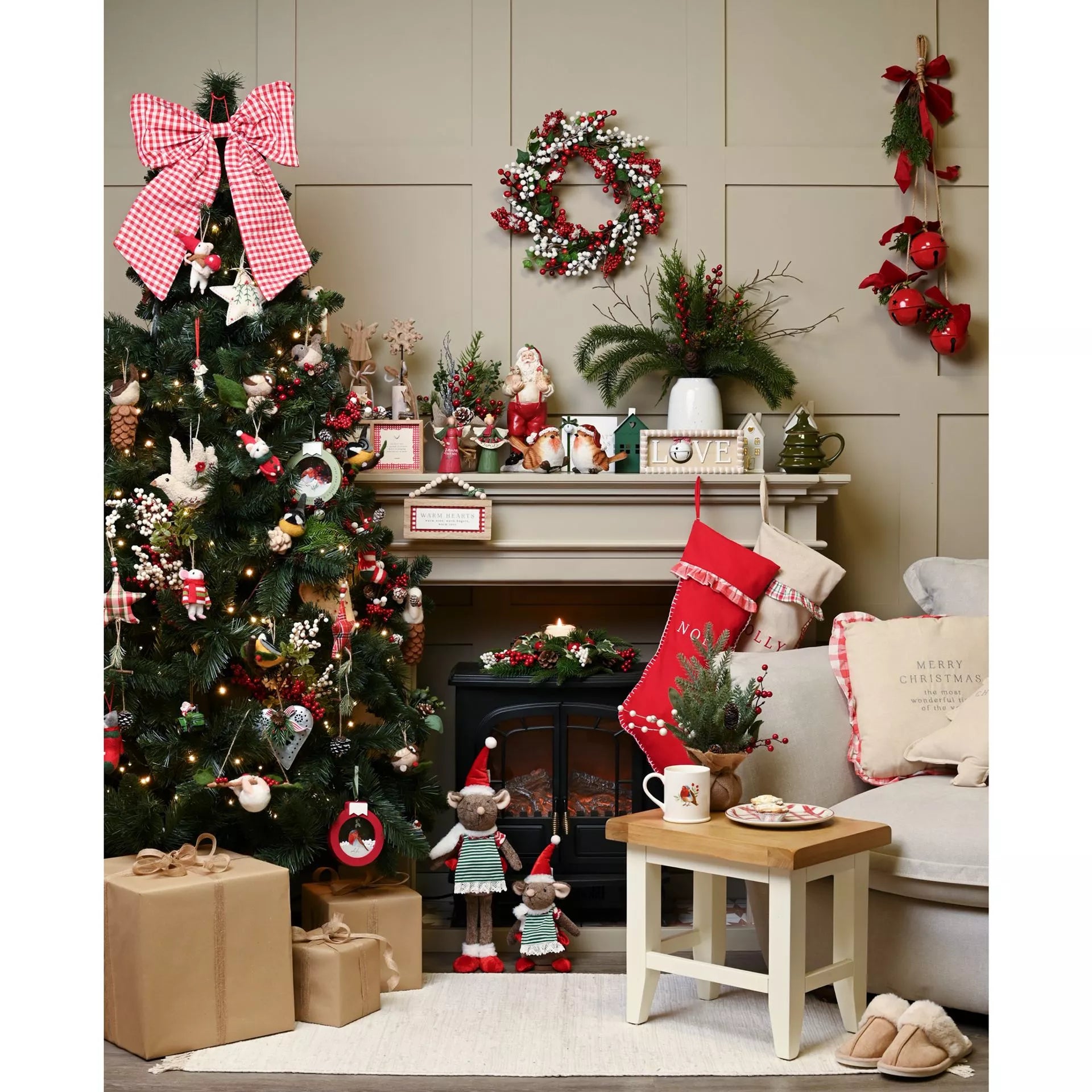 Red Bells with Bow & Faux Foliage