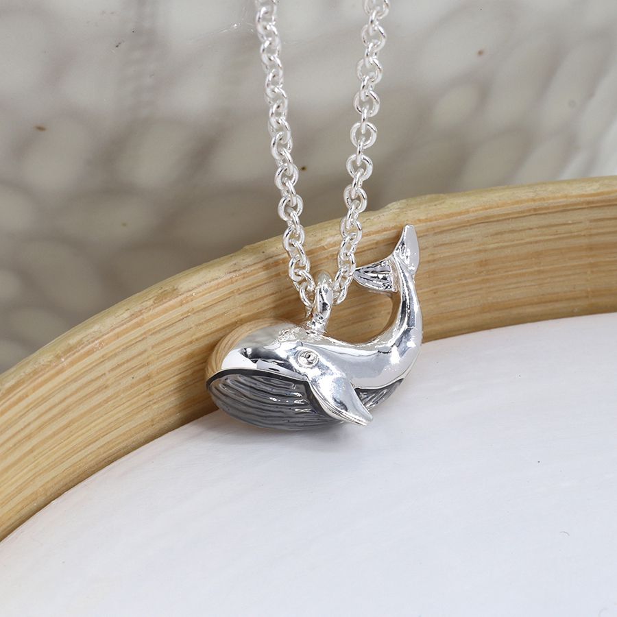 Silver Plated and Grey Enamel Whale Necklace