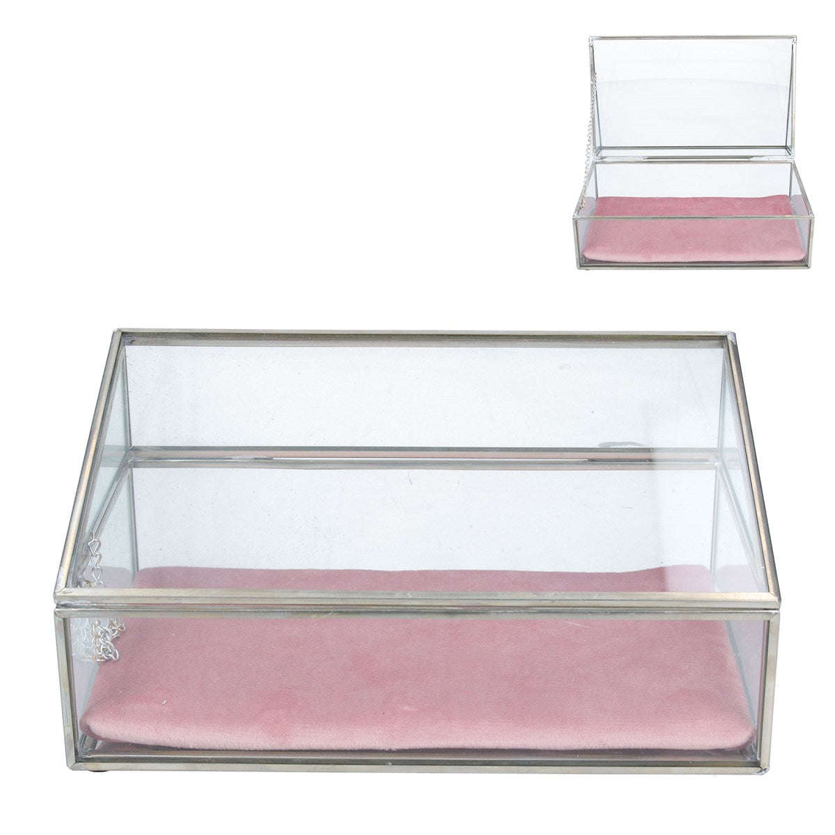 Jewellery Box 20cm - Metal & Glass with Pink Velvet