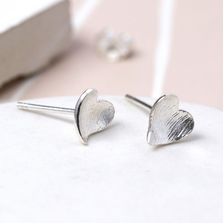 Silver Concave Heart Stud Earrings