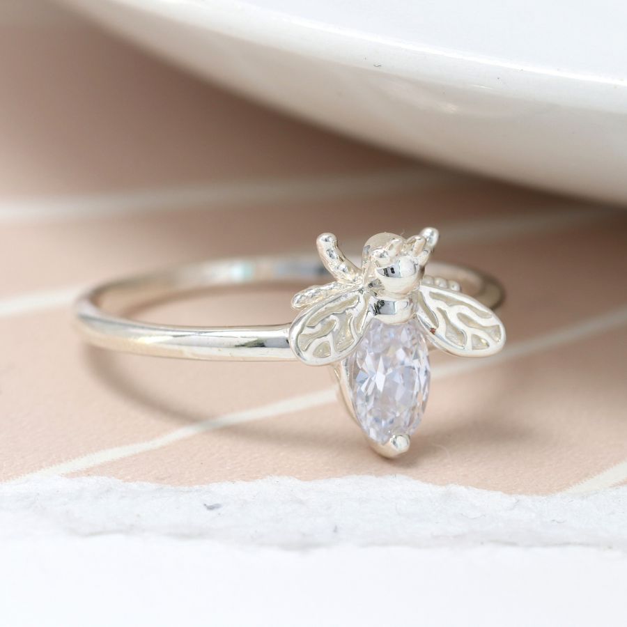 Sterling Silver And Crystal Bee Ring - Medium