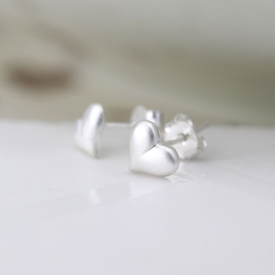 Silver Scratched Puff Heart Stud Earrings