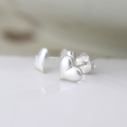 Silver Scratched Puff Heart Stud Earrings