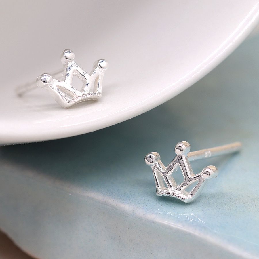 Tiny Silver Crown Stud Earrings