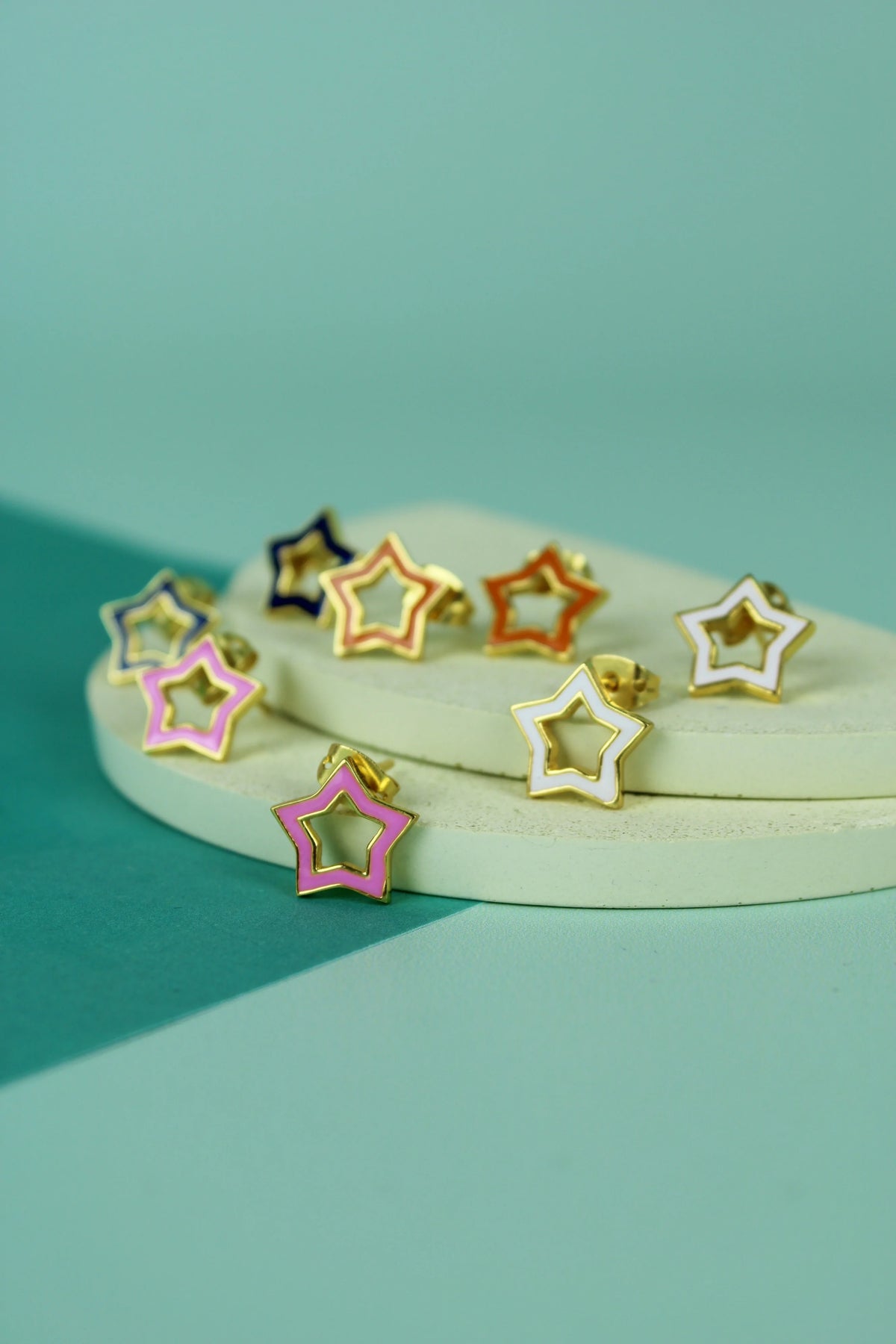 Enamel + Gold Star Stud Earrings - White